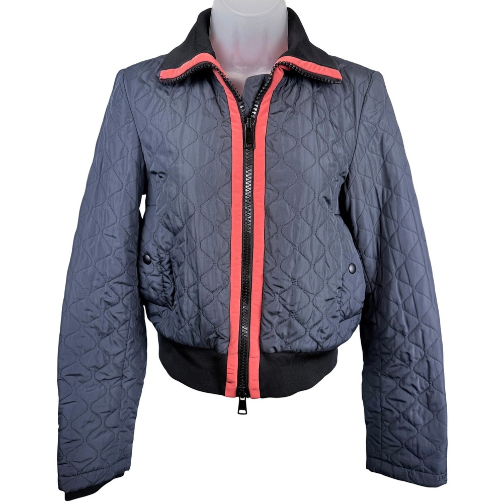 Zara Woman Studio Quilted Bomber Jacket S Navy Orange Black Cropped Zip